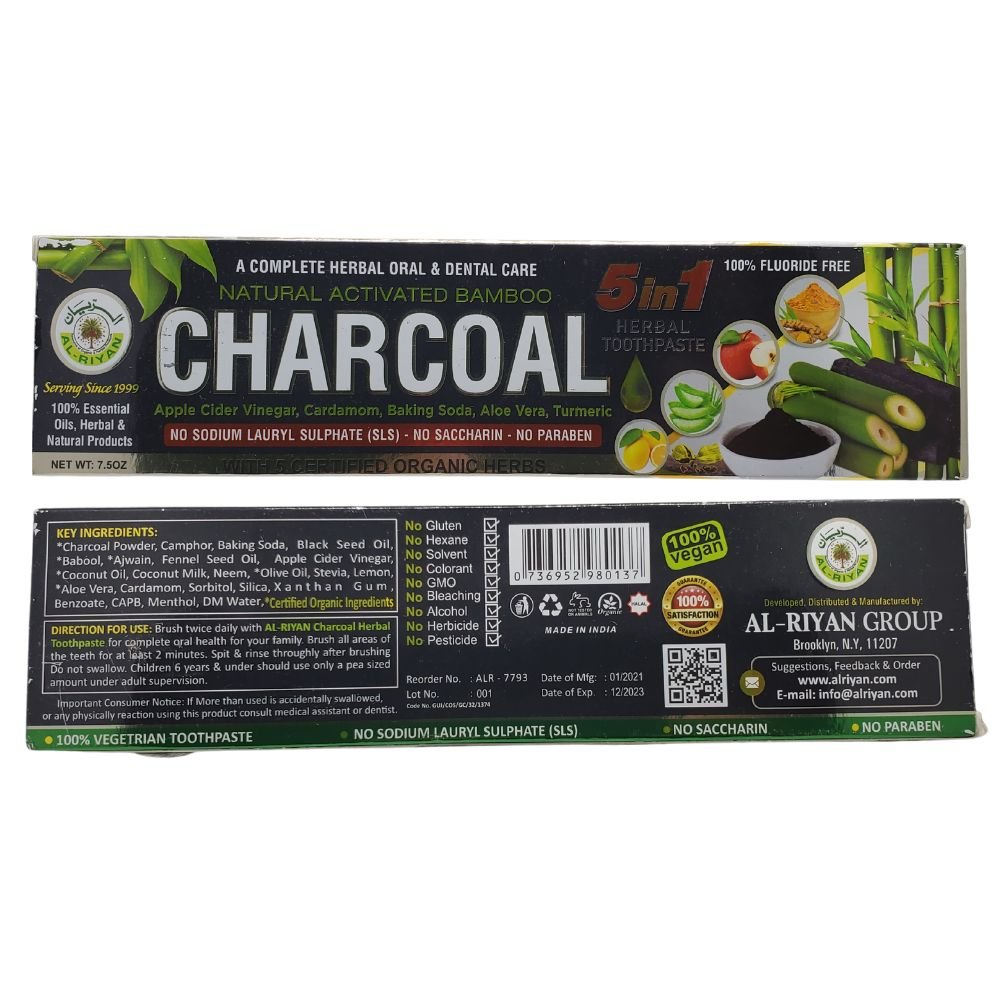 Alriyan Charcoal Toothpaste Natural Fluoride Free Organic 7.5oz - Oral care | Desimart