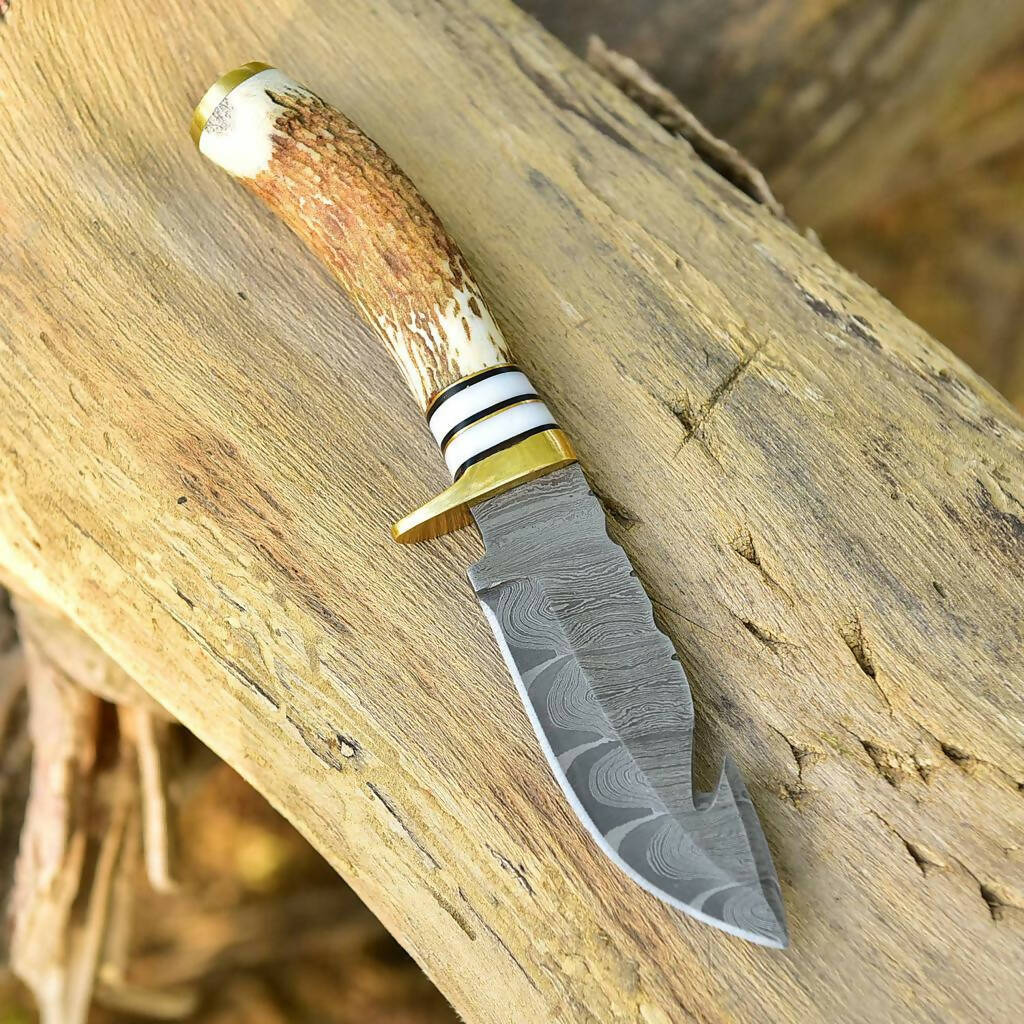 Damascus Knife Hand Forged Steel fixed blade skinner knife deer horn handle brass guard x400 - Singh Cart