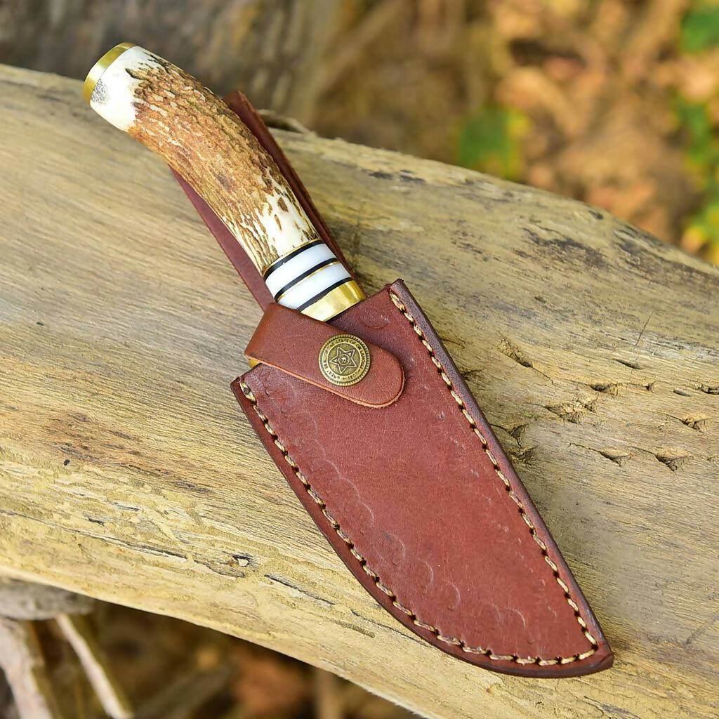 Damascus Knife Hand Forged Steel fixed blade skinner knife deer horn handle brass guard x400 - Singh Cart