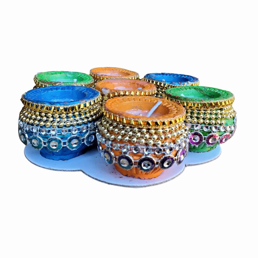 Decorative Hand Made Clay Diyas With Wax For Diwali Pooja Decoration (Set of 4) - Singh Cart