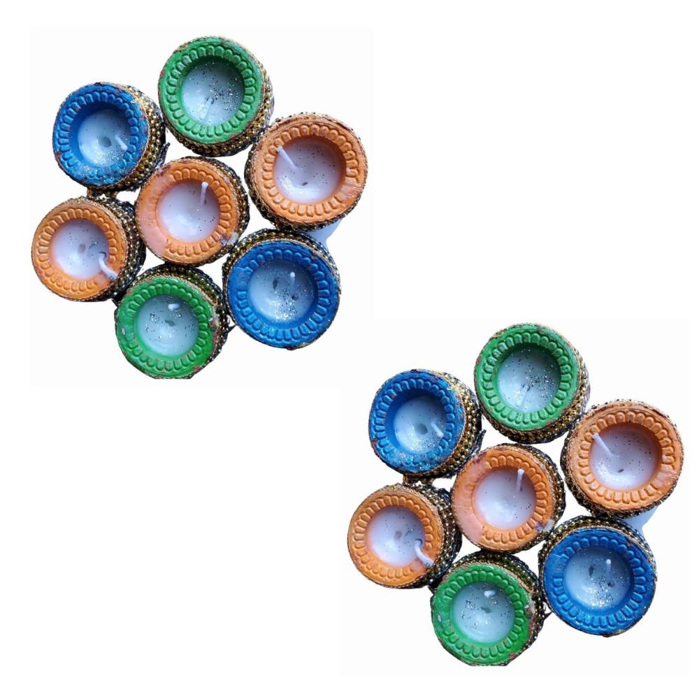 Decorative Hand Made Clay Diyas With Wax For Diwali Pooja Decoration (Set of 6) - Singh Cart
