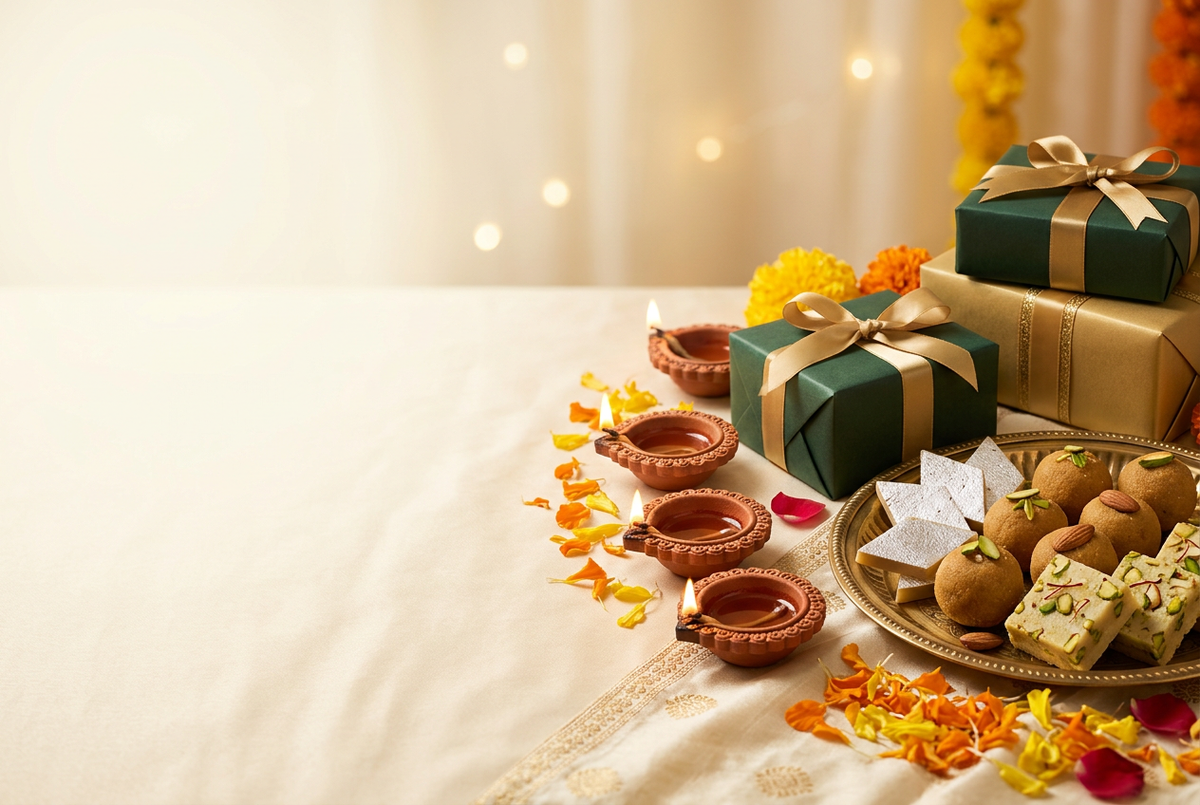 Diwali banner background with diyas, gifts, and sweets