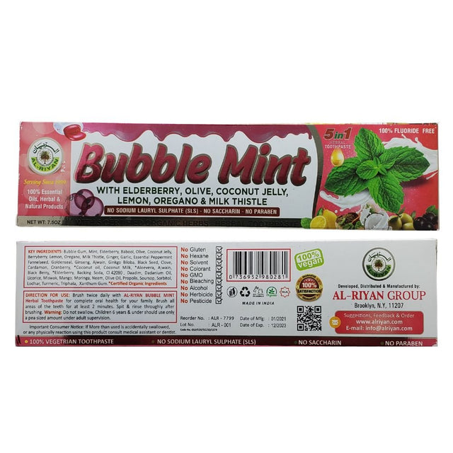 Alriyan Bubble Mint Toothpaste Vegan Fluoride Free 7.5oz - Oral care | Desimart