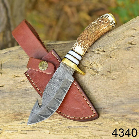 Damascus Knife Hand Forged Steel fixed blade skinner knife deer horn handle brass guard x400 - skinner knife | Desimart