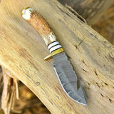 Damascus Knife Hand Forged Steel fixed blade skinner knife deer horn handle brass guard x400 - Singh Cart