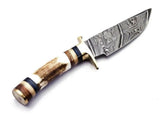 Handmade forged Damascus steel skinning knife gut-hook blade stag antler handle - Singh Cart