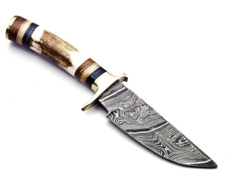 Handmade forged Damascus steel skinning knife gut-hook blade stag antler handle - Singh Cart